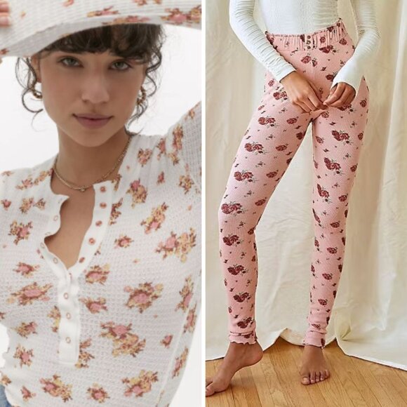Free People - Blossom Knit Sleep Set Pants & LS Top | XS | Pink & White Floral - Picture 5 of 15